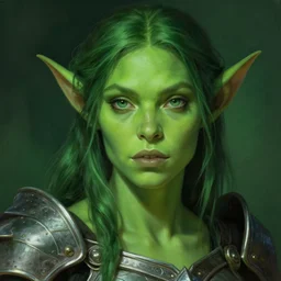 beautiful green human face orc female, portrait, vibrant green tone beautiful face, elvish, plated armor intricate, elegant, highly detailed, trending on artstation, by ilja repin by greg rutkowski, digital painting