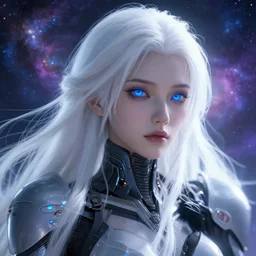 perfect android girl, warframe armor, beautiful face, scifi, futuristic, galaxy, nebula, dreamy, long white hair, blue cyborg eyes, cinematic lighting, highly detailed, very cute, focused, artstation, divine, by gauthier leblanc, kazuya takahashi, huifeng huang, jama jurabaev