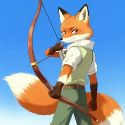 a fox ranger holding a bow, by ken sugimori, official art, poster art, dungeons and dragons, detailed, vector, trending on artstation, cute