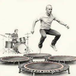 pencil sketch of the band phish jumping on trampolines. the drummer, wearing his iconic dress, is also on a trampoline along with his drumset.