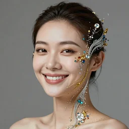 portrait of a beautiful futuristic smiling woman layered with high-tech jewelry wrapping around her face and head, golden-silver light with tiny blue, gold, and red gems scattered like dust