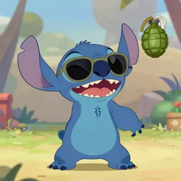 Stitch from (Lilo & Stitch) wearing sunglasses and throwing a grenade.