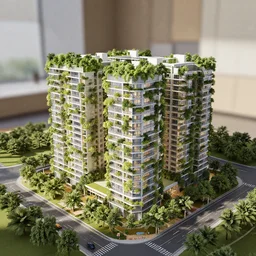 physical model of foresting architecture building model located on a table, lush vegetation on balconies, multi 9 oe stories, 8 0 k, octane render, highly detailed 3 d render,