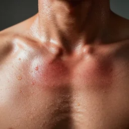extreme closeup of sweaty red person, wideangle