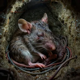 cinematic colorful horror artwork by artgerm, beksinski, mark brooks ; real life full portrait of ugly furry mouse, sleeping peacefully eyes closed, resting inside wall insulation chamber surrounded by insulated wires. macro scale ; scary, 8 k hdr, creepy intricate ; volumetric dramatic lighting, insanely detailed, haunting