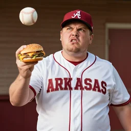 high quality photo of a fat angry man from arkansas throwing a cheeseburger like a baseball
