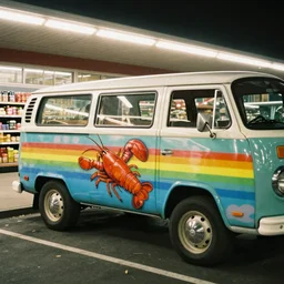 “film photo of a vintage van with colorful 80s airbrush of rainbow lobster on the side in a grocery store parking lot at night, 70s, Fujica GW690 Kodak Portra 160 medium format”