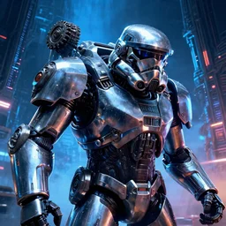 a macro closeup film still photo of the chrome stormtrooper terminator skull warror in a massive mass effect halo robot factory at night,blue haze, volume metric lighting, retracing, unreal, concept art cyperpunk video game poster design with intricate details :: action, gears of war, smoke, post apocalyptic, deathstar, Battlestar Galactica, neon lighting, lens flare, rich vibrant colors, High contrast, blizzard concept artist, acrion, Ralph McQuarrie, Roger Deakins, syd mead