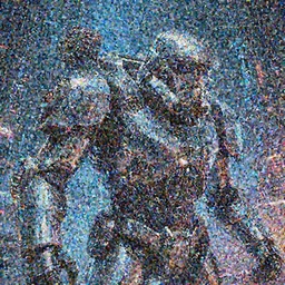 a macro closeup film still photo of the chrome stormtrooper terminator skull warror in a massive mass effect halo robot factory at night,blue haze, volume metric lighting, retracing, unreal, concept art cyperpunk video game poster design with intricate details :: action, gears of war, smoke, post apocalyptic, deathstar, Battlestar Galactica, neon lighting, lens flare, rich vibrant colors, High contrast, blizzard concept artist, acrion, Ralph McQuarrie, Roger Deakins, syd mead