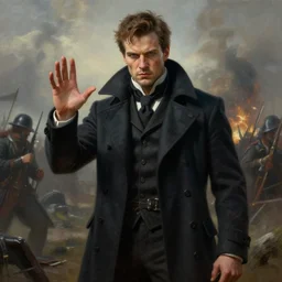 a epic portait of a man wearing a dark formal overcoat with a battlefield in the background, portait photo, hyperrealistic, concept art, digital art, high quality, highly detailed, fantasy style, dramatic lighting, 8k hdr, oil painting, epic image, path tracing, badass pose, complementary colors, realistic face, defined face, anatomically correct, five fingers