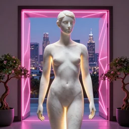 beautiful mannequin sculpted out of marble by billelis + lit with 3 d geometric neon + city of los angeles in background!, a doorway opening with neon pink geometric light + flowering bonsai plants!!, transcendent, clean linework, hyper detailed, 4 k, trending on artstation, photorealistic, rule of thirds, volumetric lighting, octane render