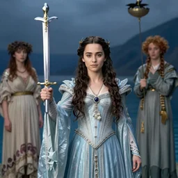 emilia clarke as the lady of the lake holding excalibur by william dyce and dante gabriel rossetti and william morris and william waterhouse