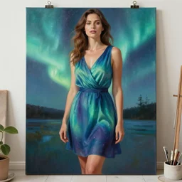 a professional painting of a woman wearing a summer dress, the dress looks like the northern lights, 4 k