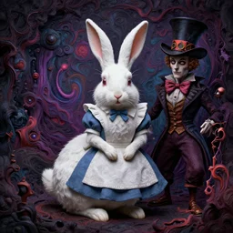 dark fantasy, 4 k, textured 3 d, intense detail, psychedelic, alice in wonderland, white rabbit, mad hatter, amazing background, alex grey style