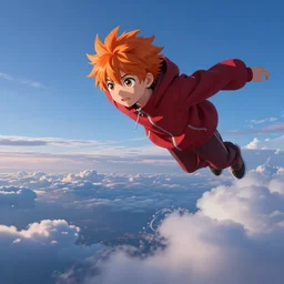 orange - haired anime boy, 1 7 - year - old anime boy with wild spiky hair, wearing red jacket, flying through sky, jumping through clouds, late evening, blue hour, cirrus clouds, pearly sky, ultra - realistic, sharp details, subsurface scattering, blue sunshine, intricate details, hd anime, 2 0 1 9 anime