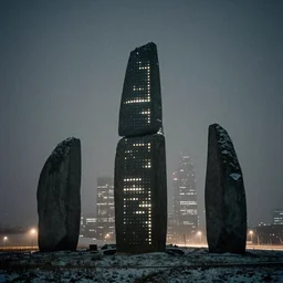 a photograph of tall skyscrapers stand isolated like neolithic standing stones, thousands of tiny bright lights shine in the buildings, roads, backlit, by sarah moon and joel peter witkin, grainy, snow, highly detailed, gloomy and foggy atmosphere, octane render, cinematic lighting tri - x, 8 k, hd