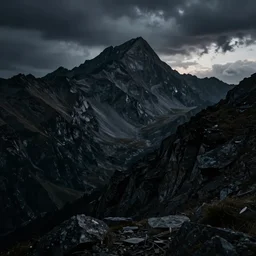 Mountain Dark scary ominous lighting alps HD 4k Realistic Dusk nam das in the style of nam das