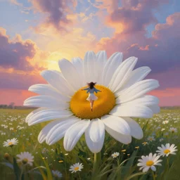giant white daisy flower head, girl jumping in a flower field, surreal photography, sunrise, dramatic light, impressionist painting, colorful clouds, digital painting, artstation, simon stalenhag