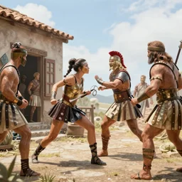 a spartan woman killing an Athenians leader inside a house, award winning, trending on artstation, unreal engine