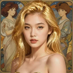 sexy young asian woman with shoulder length shiny shimmering golden blond hair, path traced, highly detailed, high quality, digital painting, by studio ghibli and alphonse mucha, leesha hannigan, makoto shinkai, disney