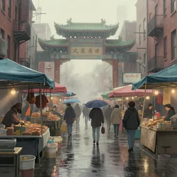 morning market in chinatown, foggy rainy day, matte painting, studio ghibli, artstation
