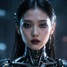 facial portrait of a korean android with dark makeup, dark cyberpunk background, lens flare, rain, deep focus, d & d, intricate, elegant, highly detailed, photo, artstation, blade runner, 8 k, sharp focus, octane, unreal engine 5, global illumination, radiant light