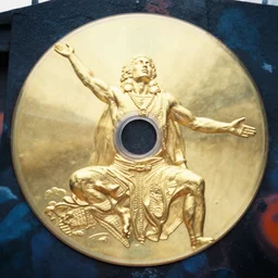 gold disc embossed with the image of a human figure that represents a shamanic practitioner in the throes of spiritual ecstasy, street art, mural art, magnificent, figurative, mystical, colossal, disposable camera photo, no human in the frame, by siudmak, by kim whanki, by joshua middleton