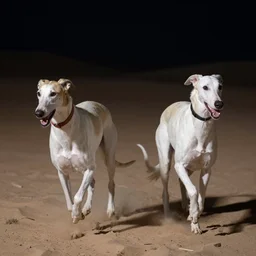 white greyhounds running in the night dessert, by john charles dollman and nicola samori, highly detailed, realistic. dark atmosphere