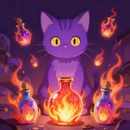 purple cat, anime, magic, mistic, flaming, vibrant vials, aesthetically pleasing, insane details, digital art, deviantart, artstation, ambient light, 8 k