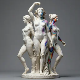 sculpture statue of Gal Gadot by Jean-Baptiste Carpeaux and Luo Li Rong and Michael James Talbot, all body, standing athletic pose, perfect symmetrical face, psychedelic, bodypaint, colored, white marble, in full growth, elegant, realistic, 8K, female full-skin figure, hyperrealism, subsurface scattering, raytracing, rim light, Octane Render, Redshift, Zbrush