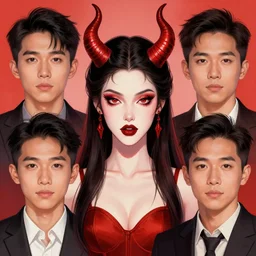 a beautiful devil woman with horns by Lois Van Baarle and Sam Yang and Ross Tran and SamDoesArts and RossDraws, symmetrical portrait, trending on ArtStation
