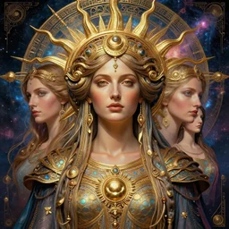 hyper-realistic fullbody portrait. very complex hyper-maximalist overdetailed cinematic cosmic scifi portrait of an elegant very attractive sun goddess mother of the universe by andrei riabovitchev, tomasz alen kopera, oleksandra shchaslyva and peter morbacher. Extremely ornated and decorative. Fancy luxury beautiful. Omnious intricate. Secessionist portrait illustration. Goddess of the sky. Focus on face. Artstation. Deviantart. 8k 4k 64megapixel. Rendered by binx.ly.