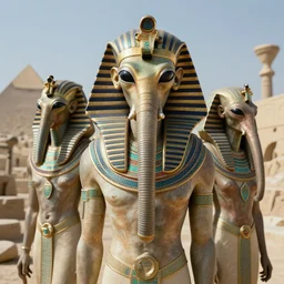 the annunaki have returned to egypt with egyptian pharaoh head - dresses and breathing hoses that look like elephant trunks - alien - looking, futuristic, detailed, photo - realism