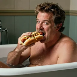 guy fieri eating so many hot dogs in his bathtub