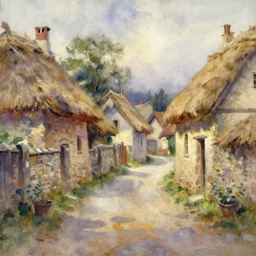 paint brush strokes, abstract watercolor painting of village street, bailey ring wall in stone, medieval straw roof, scandinavian viking age, ambient lighting, art by hans dahl, by jesper ejsing, art by anders zorn, wonderful masterpiece by greg rutkowski, cinematic light, american romanticism by greg manchess, creation by tyler edlin