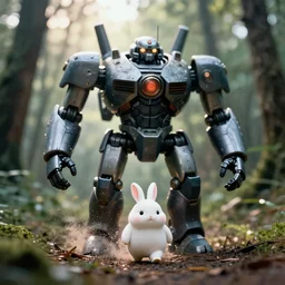 a 3 5 mm photo from the front of a giant mecha armored war delorean robot as chubby cute rabbit walking in the woods, splash art, movie still, bokeh, canon 5 0 mm, cinematic lighting, dramatic, film, photography, depth of field, award - winning, anamorphic lens flare, backlighting, overcast, 8 k, hyper detailed, 3 5 mm film grain
