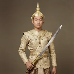 sukhothai, a smart tai warlord in ceremonial dress, holding a bronze sword. photograph, ca. 1 9 2 0