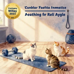 watercolor illustration style, cute! cats training in fitness studio, sport equipment lay near