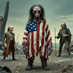 strange creature with torn american flag, film still from the movie directed by denis villeneuve and david cronenberg with art direction by and h. r. giger, salvador dali and zdzisław beksinski