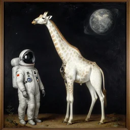 old renaissance painting of white giraffe at space with a spacesuit