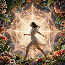 ridiculously beautiful young asian woman tripping by irakli nadar, 3 d layers of coral and fern and light fractals radiating behind with sacred geometry, cosmic, natural, awakening, symmetrical, in the style of ernst haeckel and alex grey, effervescent, warm, photo realistic, epic and cinematic