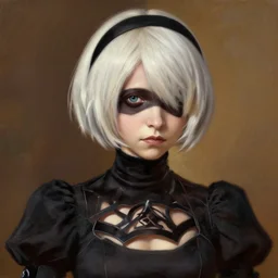 Portrait of 2B from Nier Automata, highly detailed, aesthetic, warm lighting, sharp, smooth, artstation, oil painting by Jean-Joseph Benjamin-Constant