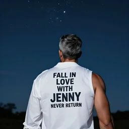 at night, the back of an athletic handsome graying man carrying a white shirt with the mention FALL IN LOVE WITH JENNY NEVER RETURN, he's looking up a beautiful night sky full of stars, stylised highly detailed, artstation