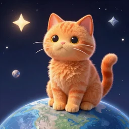 A fuzzy orange cat sitting on planet earth, space with stars in the background, trending on artstation, 3D animation, in the style of Calvin And Hobbes