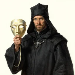 portrait a plague doctor holding his mask, mask in hand, black robes, detailed art by greg rukowtski