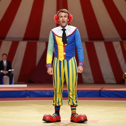 emmanuel macron as a clown in a circus, full body shot, highly - detailed, sharp focus, award - winning