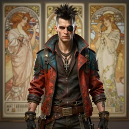 detailed character concept art portrait of a vibrantly dressed apocalyptic punk man on a depth of field background, artstation, award - winning realistic sci - fi concept art by jim burns and greg rutkowski, beksinski, a realism masterpiece, complimentary color palette, james gilleard, bruegel, alphonse mucha, and yoshitaka amano