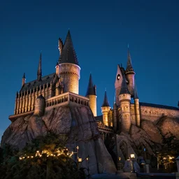 harry potter hogwarts castle. beautiful, majestic, sky like starry night. wide angle shot. 4 k