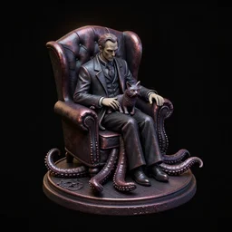 isometric view 2 8 mm miniature statue howard phillips lovecraft dressed suit sitting in tall leather armchair pet the cat on lap, big tentacle as floor, and wall darkness, cast iron material, black background, octane render, backlight, highly detailed intricate matte sharp focus digital painting artstation pixiv