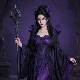 professional photograph of a real - life beautiful elemental darkness witch with ornate purple and black robes and staff. extremely detailed. 8 k
